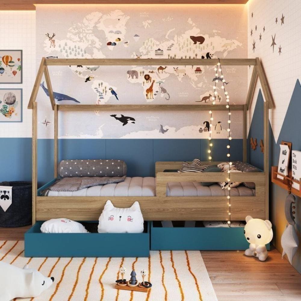 Cama Infantil Montessoriana 2 Gavetões Inferiores 1 Colchão Aveiro Oak/Azul Secreto