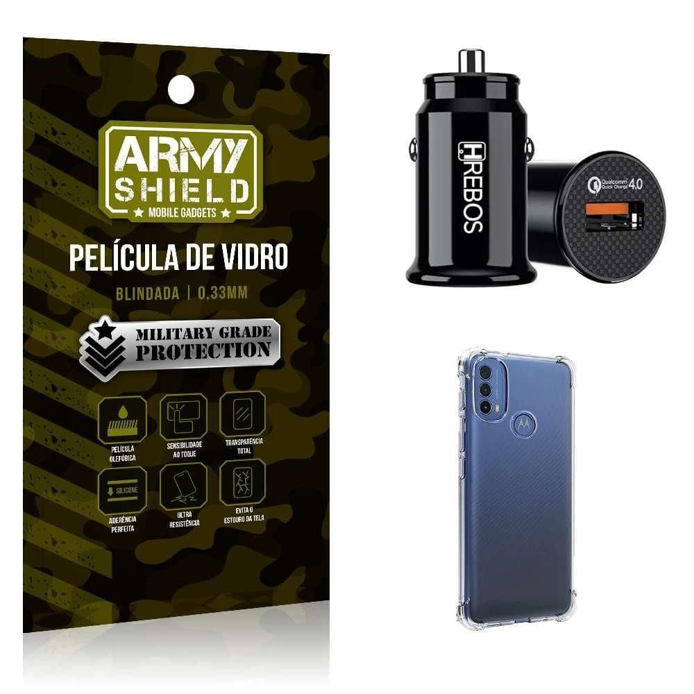 Carregador Veicular Turbo Com Capinha Moto E40 E Película 3D