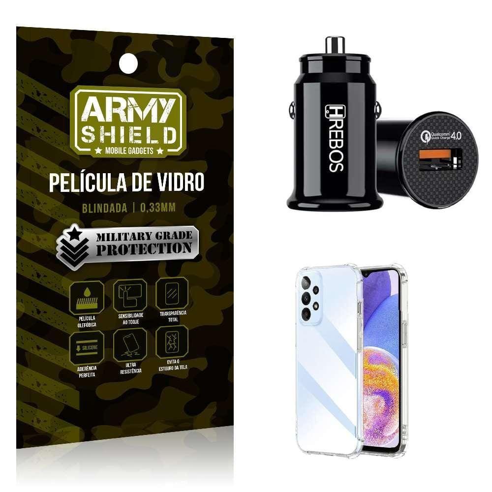 Carregador Veicular Com Capinha Samsung A23 5G E Película 3D