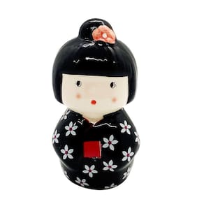 Enfeite Japonesa Kokeshi Cerâmica Preta Paz e Alegria no Lar