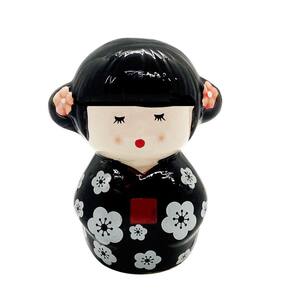 Enfeite Japonesa Kokeshi Cerâmica Preta Felicidade do Lar