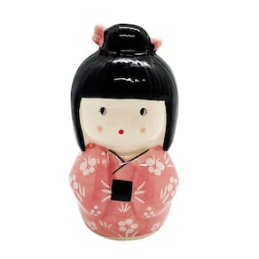 Enfeite Japonesa Kokeshi Rosa Paz e Alegria Cerâmica