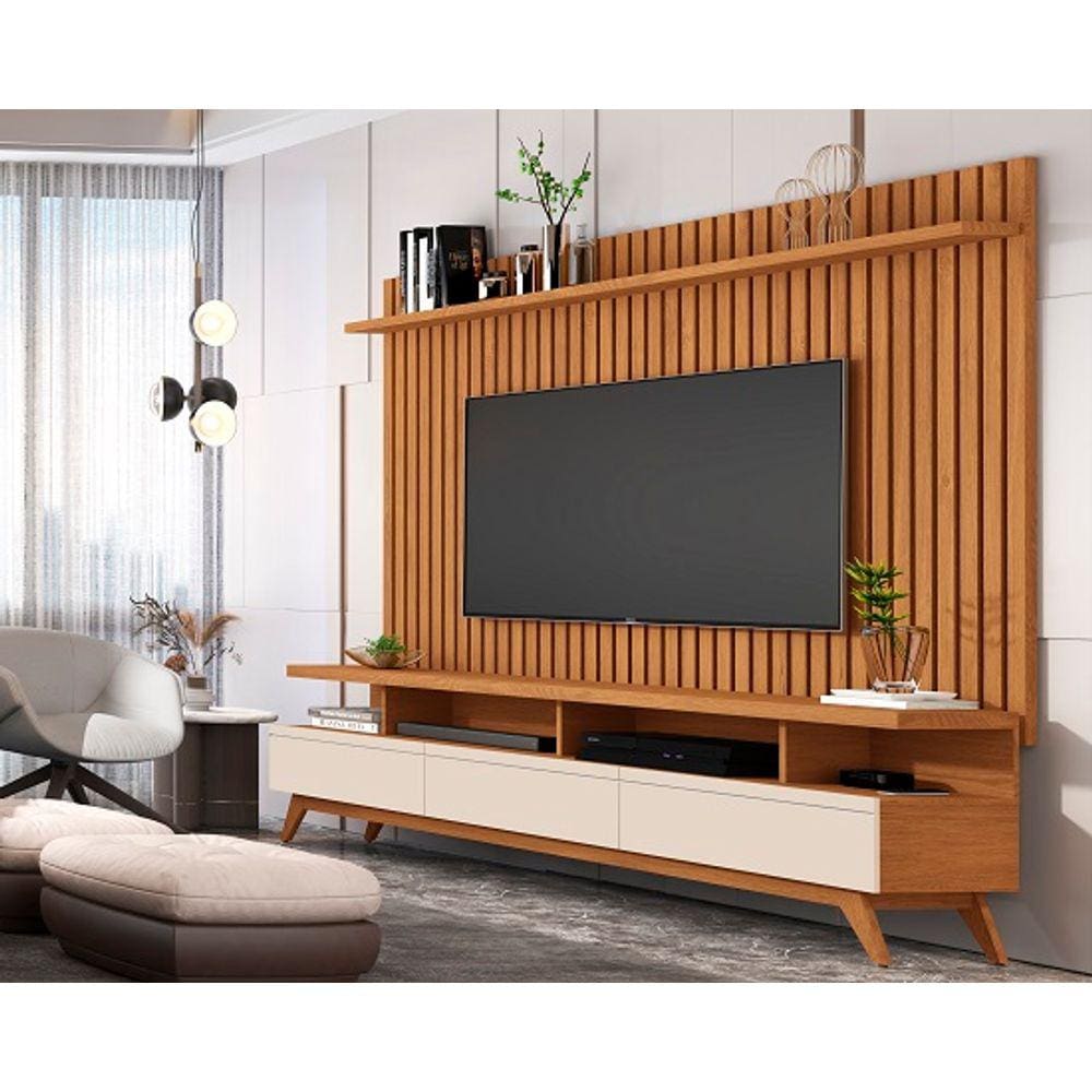Rack Vivare 1.8 Wood Com Painel Classic Ripado Para TV Até 72 Polegadas Nature/Off White - Giga Móveis