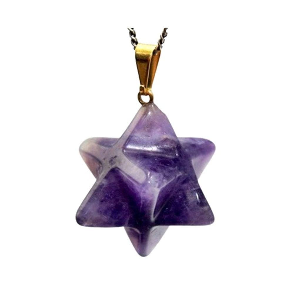 Colar Merkaba Pedra Ametista Pino e Presilha Dourada