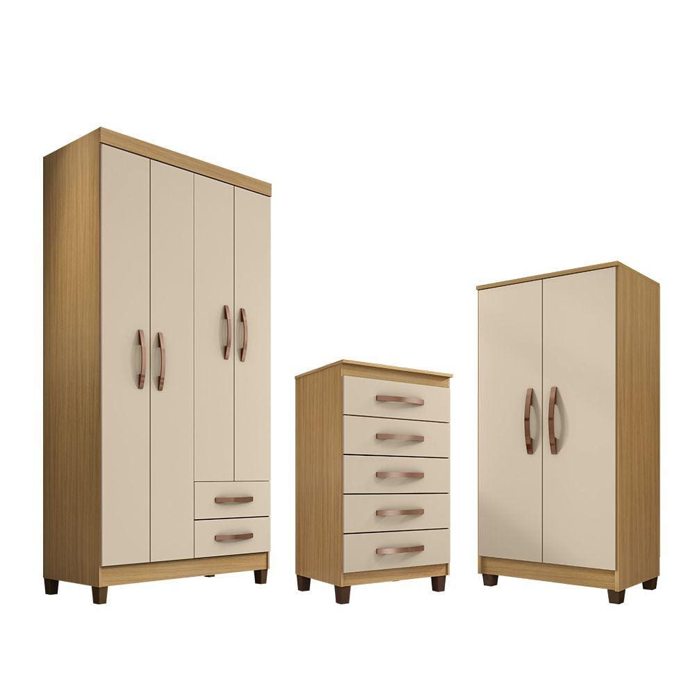 Guarda Roupa 4 Portas Porto Belo Com Multiuso e Cômoda 5 Gavetas Carvalho Off White Clique Chique