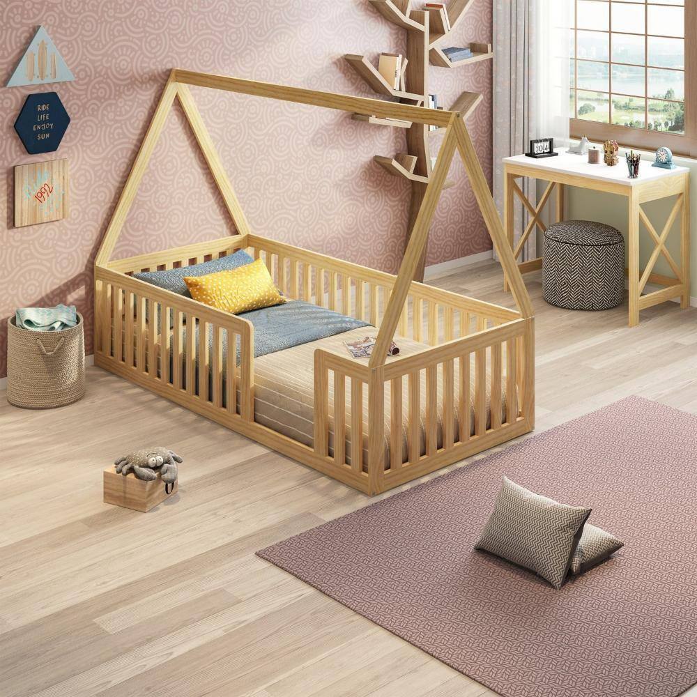 Cama Montessoriana Solteiro em Madeira Maciça com Grade Giulia Casatema Natural