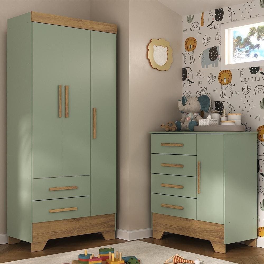 Quarto Infantil Completo Guarda Roupa 3 Portas 2 Gavetas com Cômoda Selene Espresso Móveis Verde Fosco/Nature