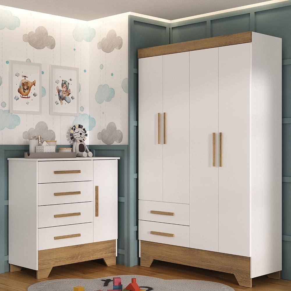 Quarto Infantil Completo Guarda Roupa 4 Portas 2 Gavetas com Cômoda Liz Espresso Móveis Branco Fosco/Nature