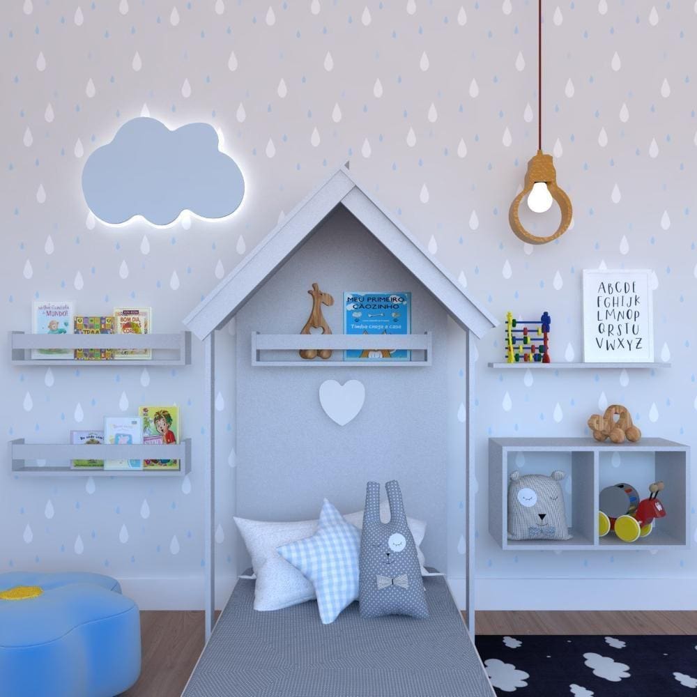 Quarto Infantil Cama Nicho Prateleira e Revisteiros Cinza