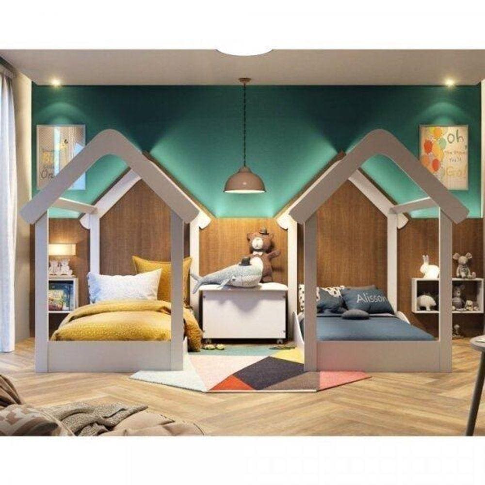 Quarto Gêmeos 2 Minicama Montessoriana e 1 Bau Branco