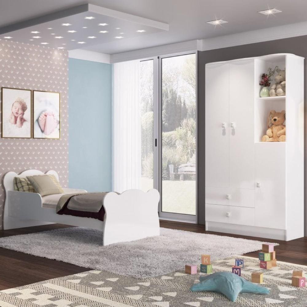 Quarto Infantil 4 Peças c/Cama Roupeiro Cômoda e Nicho Docinho Branco