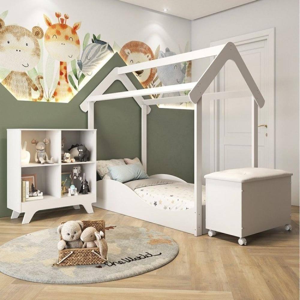 Quarto Infantil 1 Minicama Montessoriana 1 Estante e Baú Branco