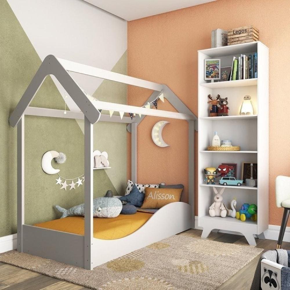 Quarto Infantil 1 Minicama Montessoriana e Prateleira Branco