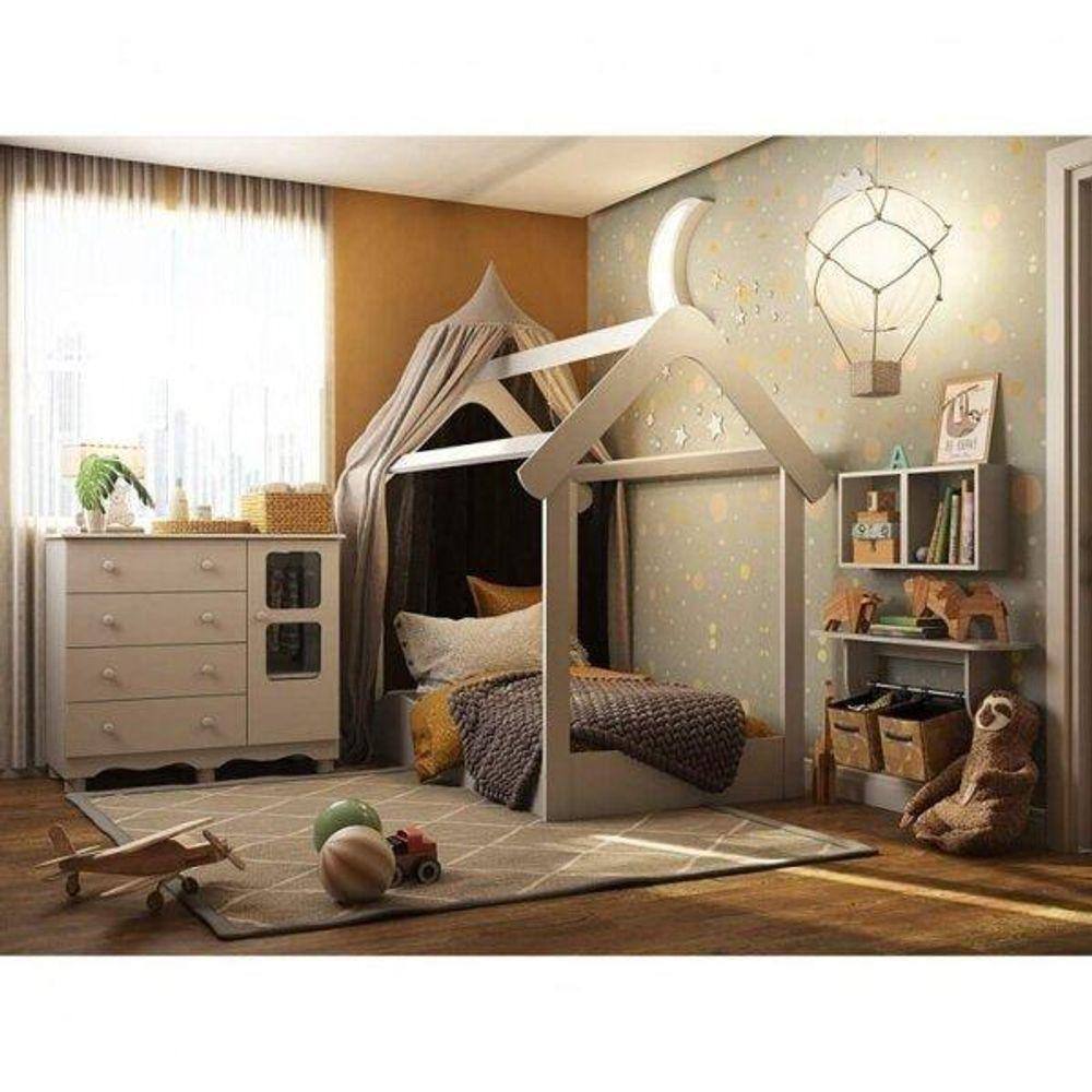 Quarto Infantil Cama Montessoriana Cômoda Prateleira e 2 Nichos Branco