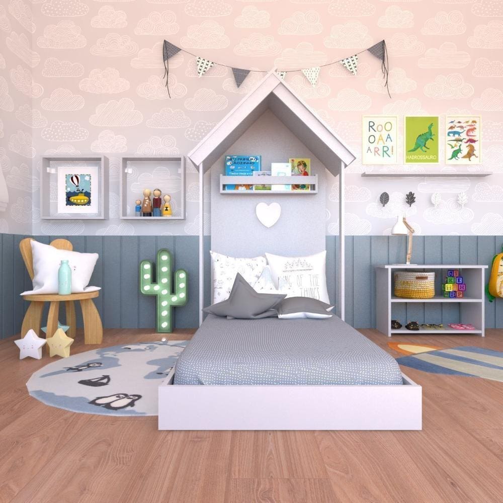 Quarto Infantil Cama Banqueta 2 Nicho e Prateleira Cinza