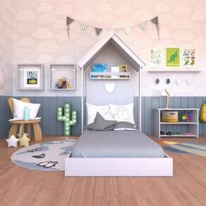 Quarto Infantil Cama Banqueta 2 Nicho e Prateleira Cinza