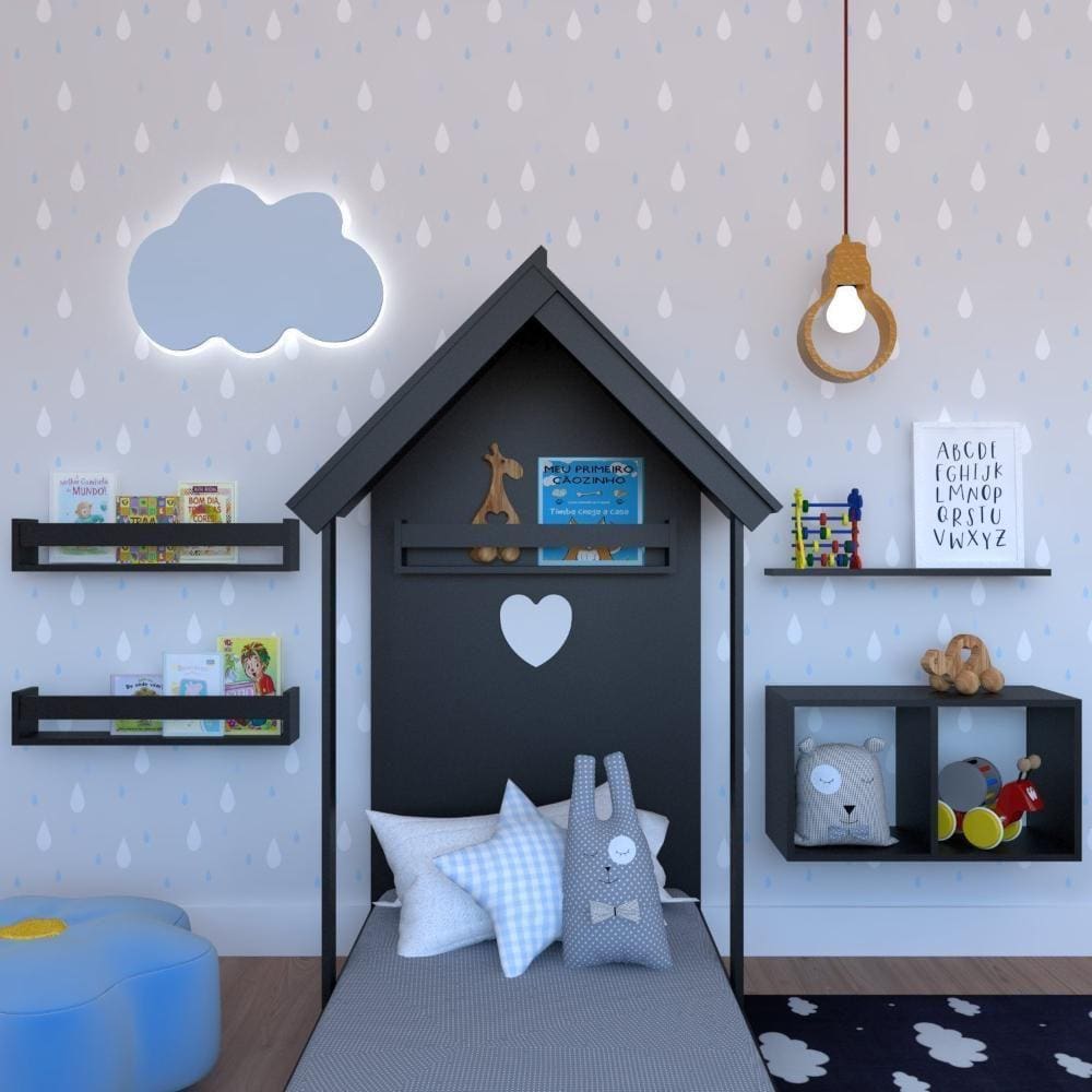 Quarto Infantil Cama Nicho Prateleira e Revisteiros Preto