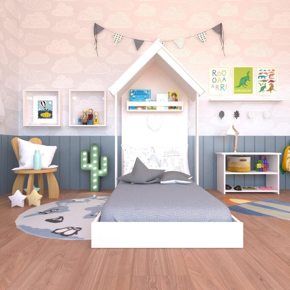 Quarto Infantil Cama Banqueta 2 Nicho e Prateleira Branco