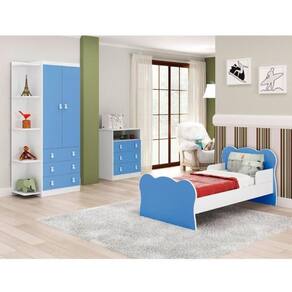 Quarto Infantil Guarda Roupa 2 Portas Cômoda Mini Cama Azul/Branco
