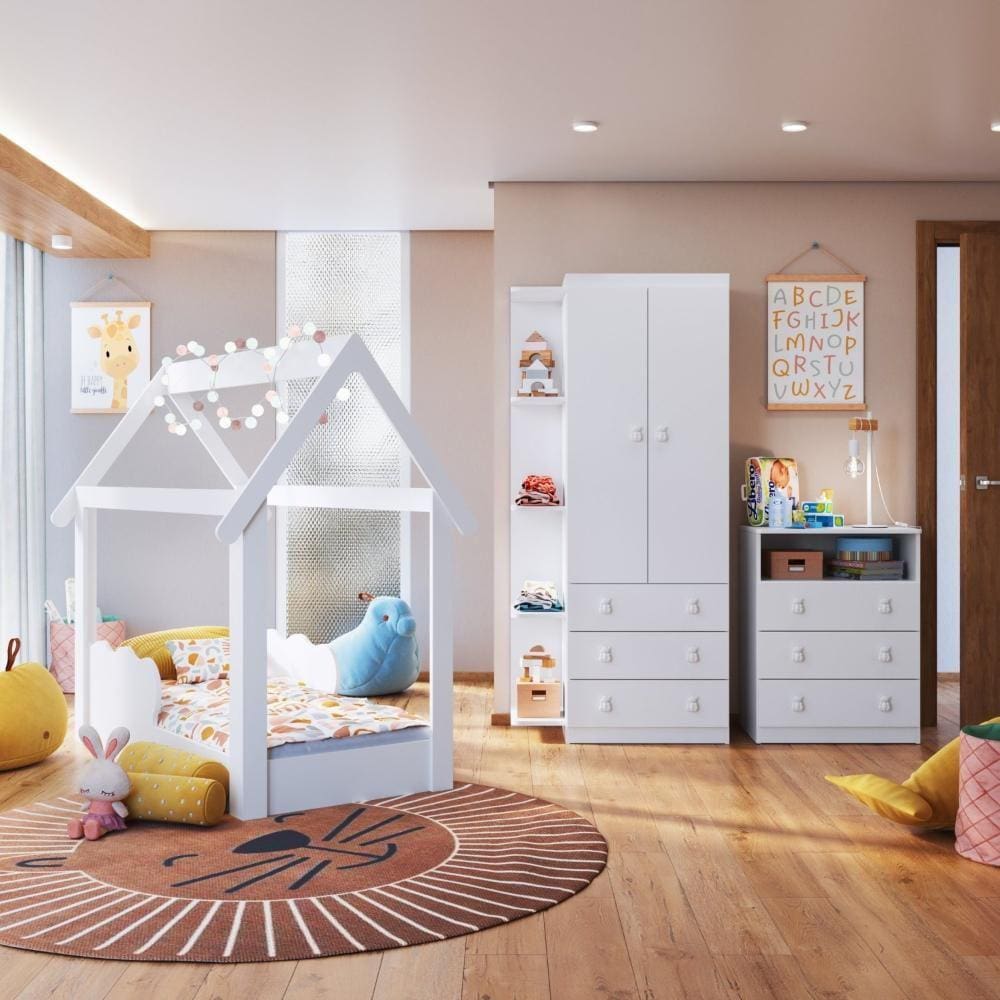 Conjunto Infantil Guarda Roupa com Nichos Cômoda e Cama Montessoriana Branco