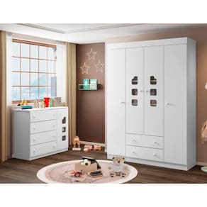 Quarto Infantil com Guarda Roupas e Cômoda Lívia Branco