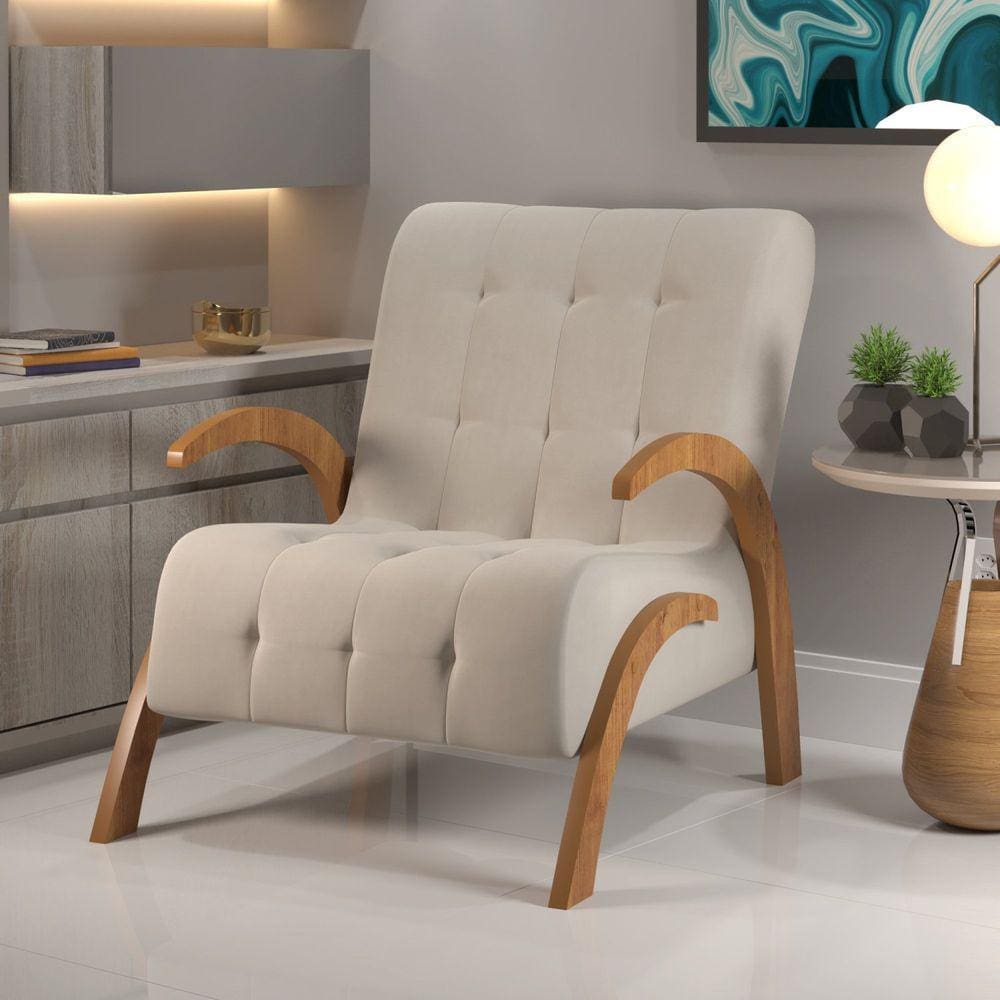 Poltrona do Papai em Veludo Pés em Mdf Garden Marfim