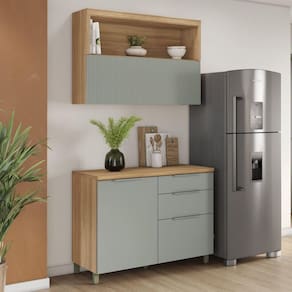 Cozinha 2 Peças com Balcão 1 Porta 3 Gavetas e Armário Aéreo Marquesa 120 Cm 100% Mdf Marrom/Verde