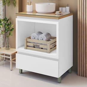 Gabinete para Banheiro 1 Gaveta com Caixa Organizadora Rainha 70cm 100% Mdf Branco/Marrom