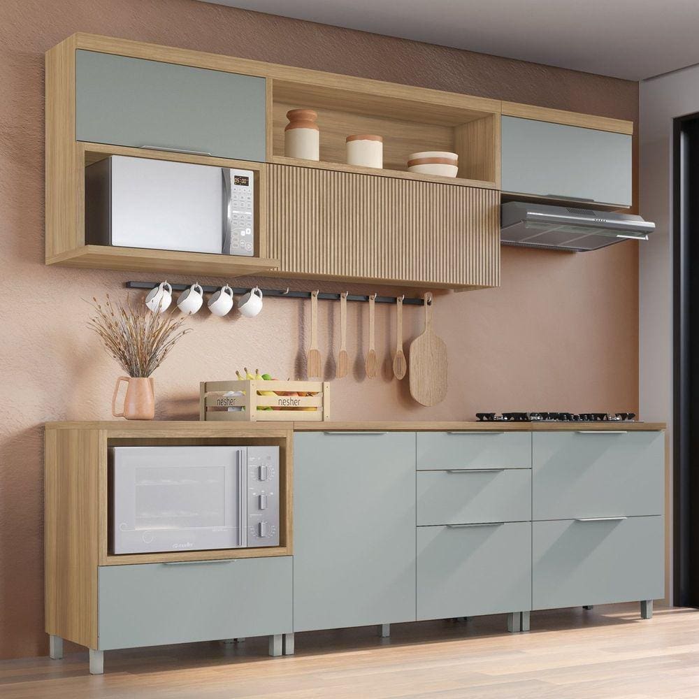 Cozinha 6 Peças 5 Portas 5 Gavetas com Armário Aéreo 100% Mdf Marquesa Marrom/Verde