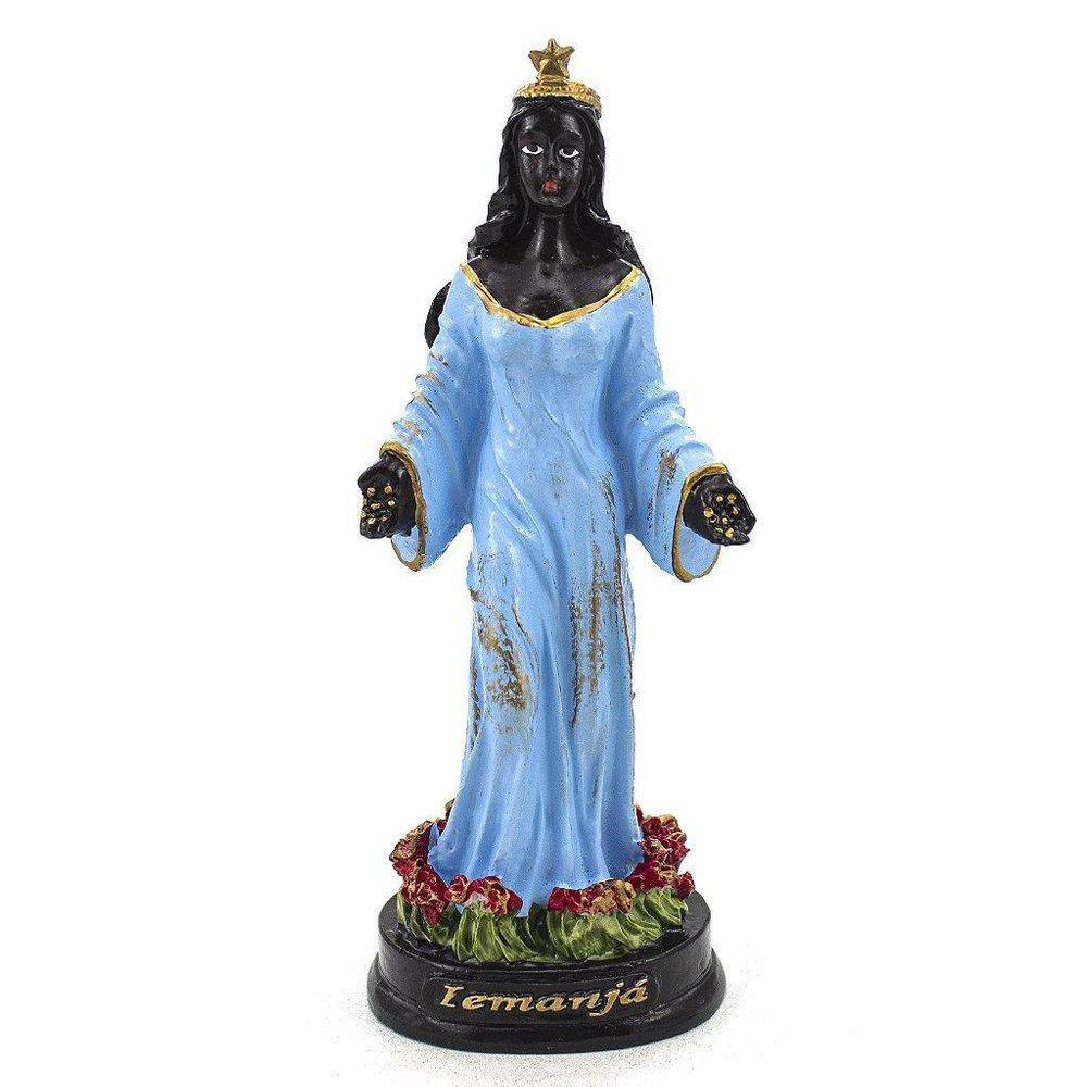 Imagem Iemanjá Preta Vestido Azul Resina 15 Cm