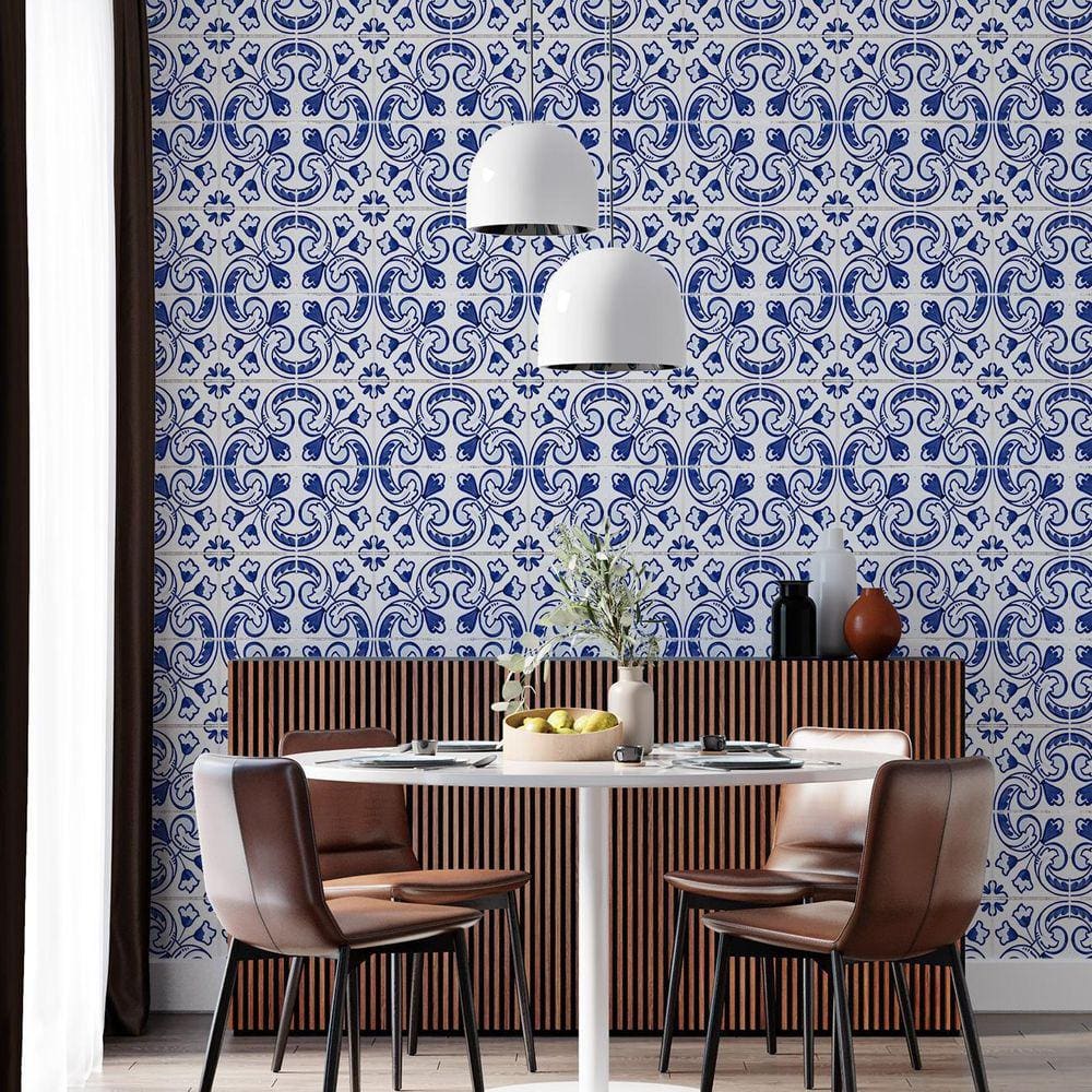 Kit 4 Rolos Papel De Parede Adesivo Azulejo Azul Branco 3,0M