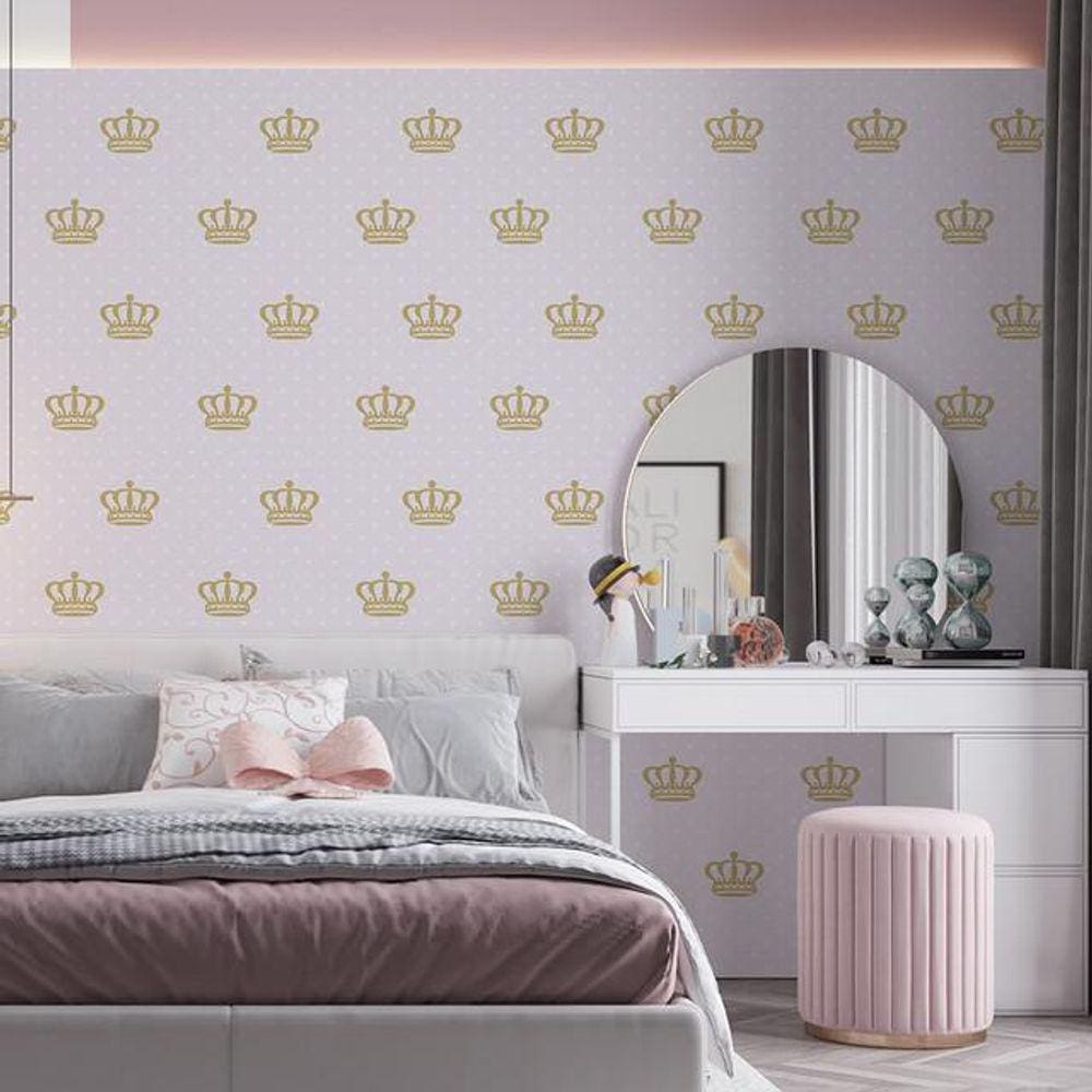 Kit 6 Rolos Papel De Parede Adesivo Rosa Coroa Dourada 3,0M