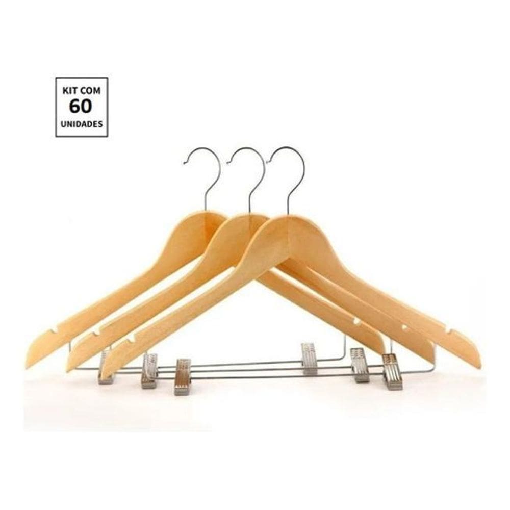 Kit 60X Cabides De Madeira Com Presilha Verniz Marfim Roupa