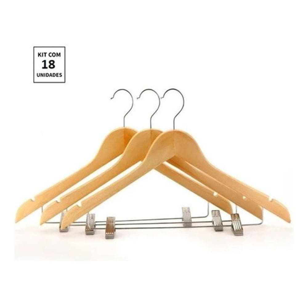 Kit 18X Cabides De Madeira Com Presilha Verniz Marfim Roupa