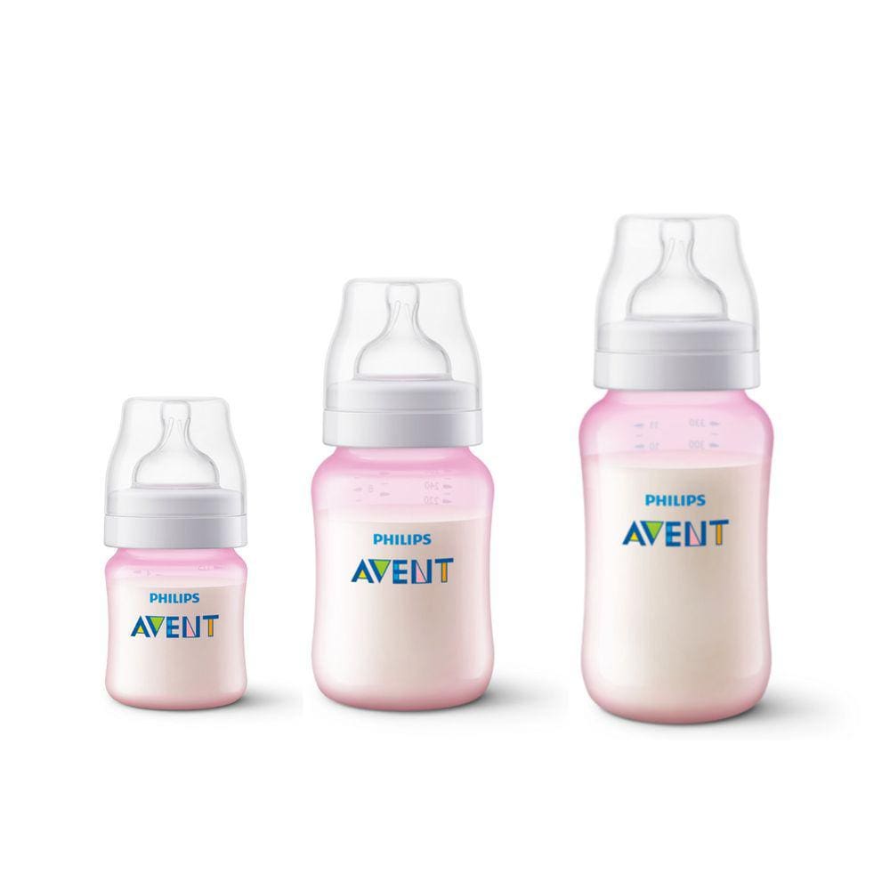 Kit 3 Mamadeiras Avent Classic Anticolic 125/260/330ml Rosa - SCY119/19