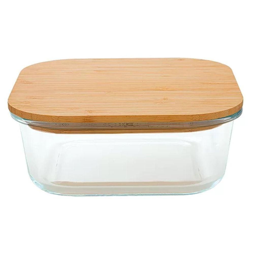 Pote Para Alimentos Quadrado 1100 Ml Com Tampa De Bambu 18Cm
