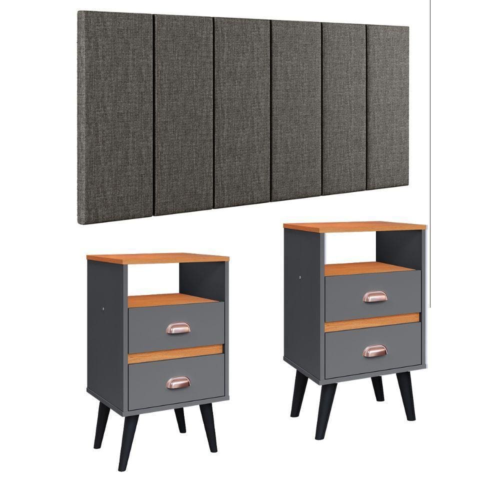 Cabeceira Estofada Modular Box Casal 1,40 Julia Cinza Jogo 2 Mesinha Pequena Gaveta Nicho Canto Cama Cinza/Cinamomo Classic New-RPM