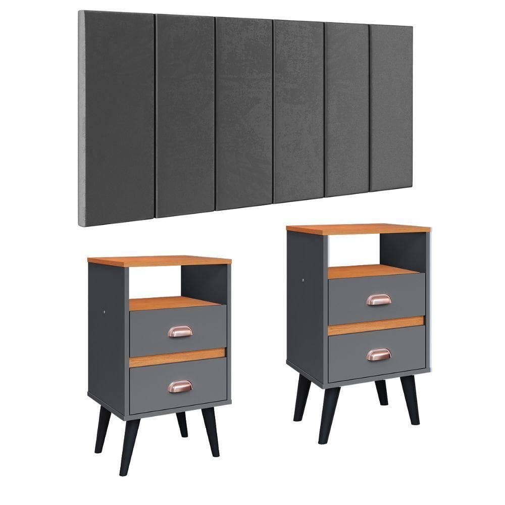 Cabeceira Estofada Modular Box Casal 1,40 Julia Cinza Jogo 2 Mesinha Pequena Gaveta Nicho Canto Lateral Cama Cinza/Cinamomo Classic New -RPM