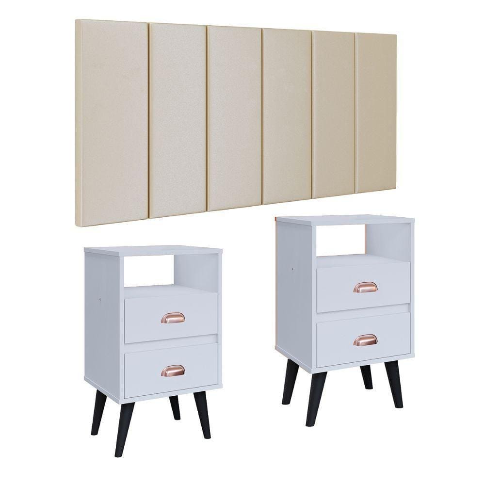 Cabeceira Suspensa Painel Encosto Cama 1,40 Julia Kit 2 Mesa Apoio Canto Gaveta Nicho Organizador Classic New Decoração Quarto Casal-RPM