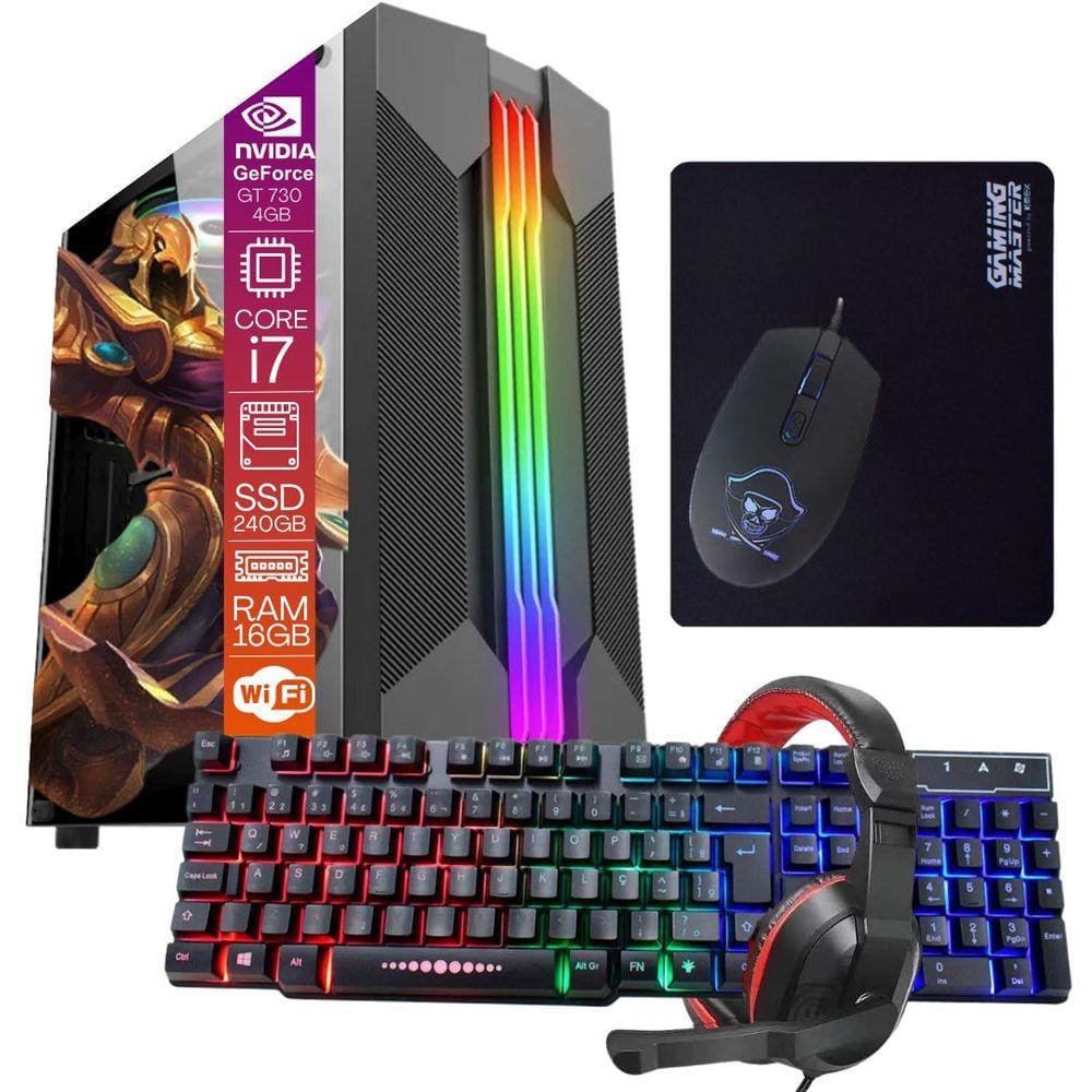 Computador Gamer TOB Intel Core i7 Wi-Fi SSD 240GB 16GB VGA GT740 2GB Windows 10 Pro Trial + Teclado e Mouse + Mouse Pad + Headset