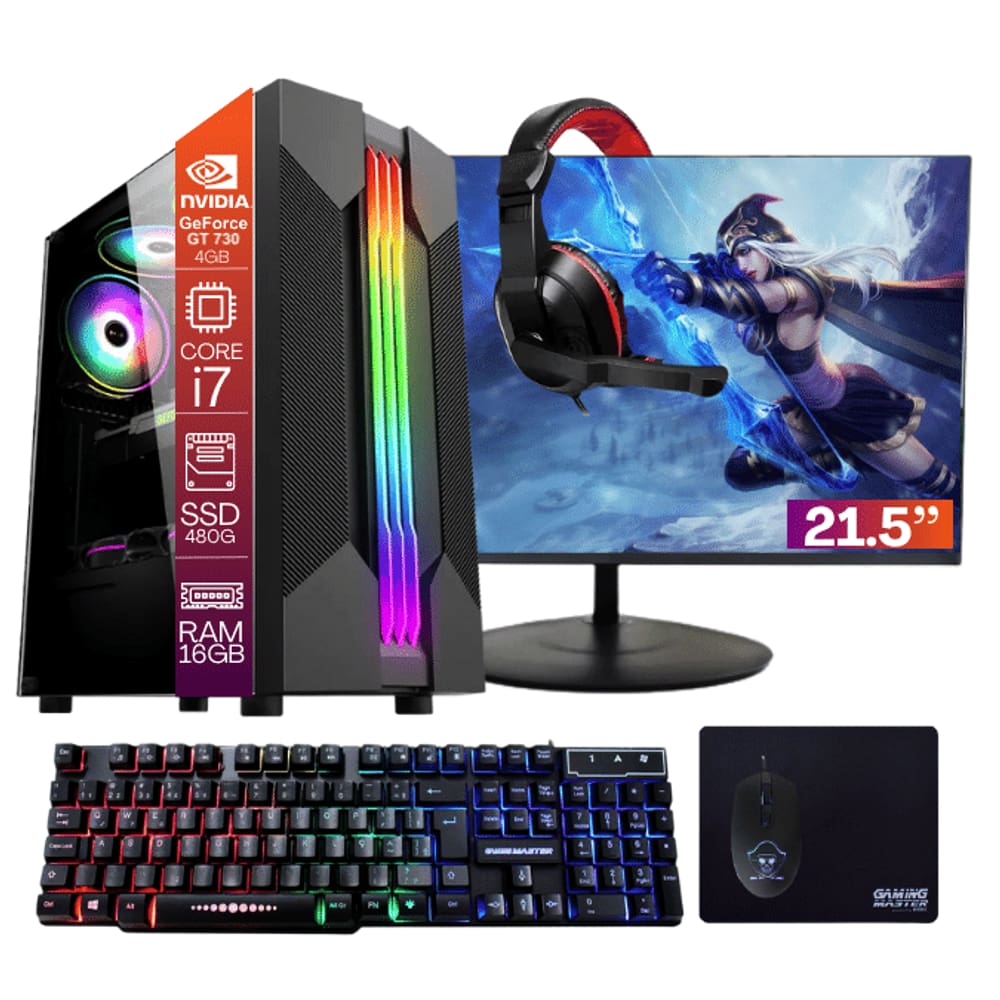 Computador Gamer TOB Core i7 SSD 480GB 16GB VGA GT740 2GB Windows 10 Pro Trial + Teclado/Mouse + Mouse Pad + Headset + Monitor 21.5