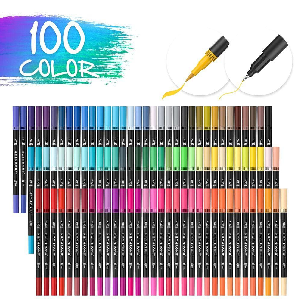 Pincel Markers Hethrone de 100 cores com ponta dupla e livro de colorir