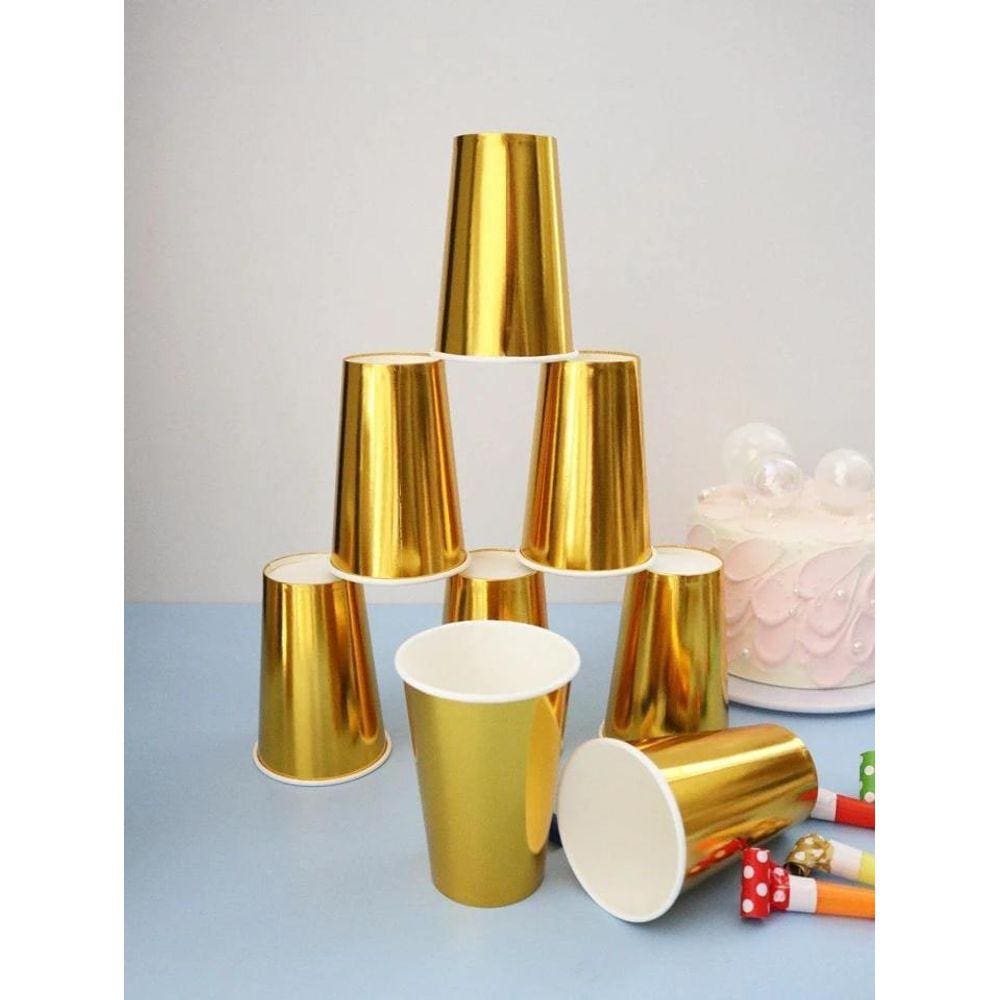 Kit 10 Copos 270Ml Descartáveis De Luxo Em Papel Dourado