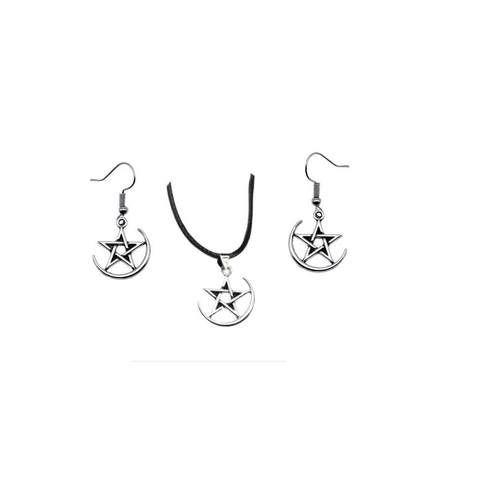 Conjunto Colar E Brinco Pentagrama Prateado Pequeno Delicado