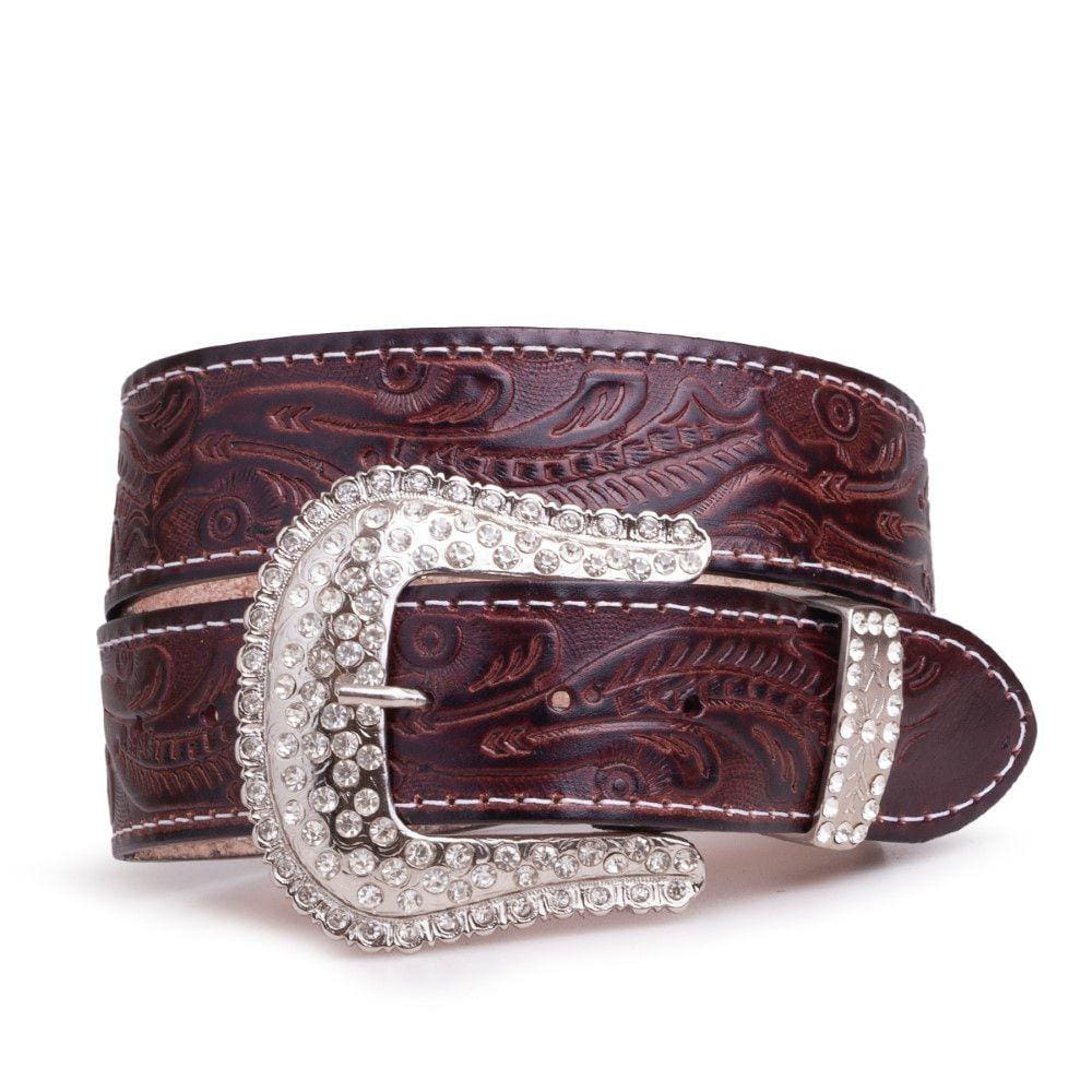 Cinto Feminino de Couro Detalhe Cruz Azul Fivela Tradicional Strass Rodeio Ponteira Prata