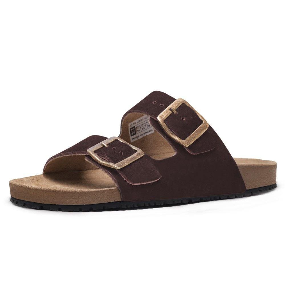 Papete Sandalia Retro Couro Anatomica Fivela de Metal com Regulagem da Moda Verao