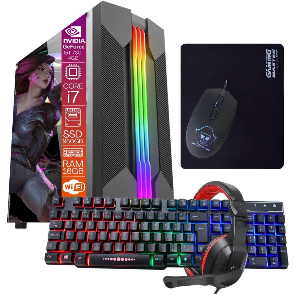 Computador Gamer TOB Intel Core i7 Wi-Fi SSD 960GB Memória 16GB VGA GT730 4GB Windows 10 Pro Trial + Teclado e Mouse + Mouse Pad + Headset