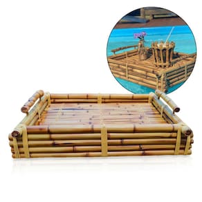 Bandeja Flutuante de Bambu para Piscina Resort Hotel Retangular com Alças Cesto Decorativo