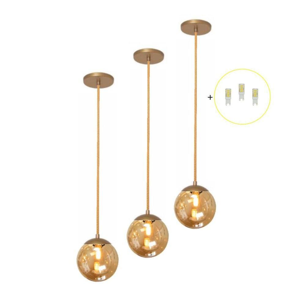 Kit 3 Pendente Dourado Mesa Bancada Balcão Aparador + Led Vi