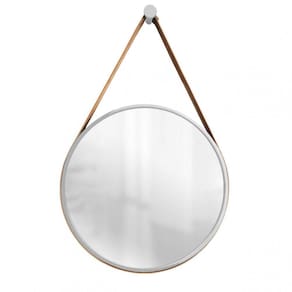 Espelho Decorativo Adnet Cinza Alça Corino Café 60Cm Redondo